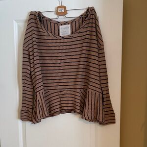 Free People Tan and Navy Striped Blouse